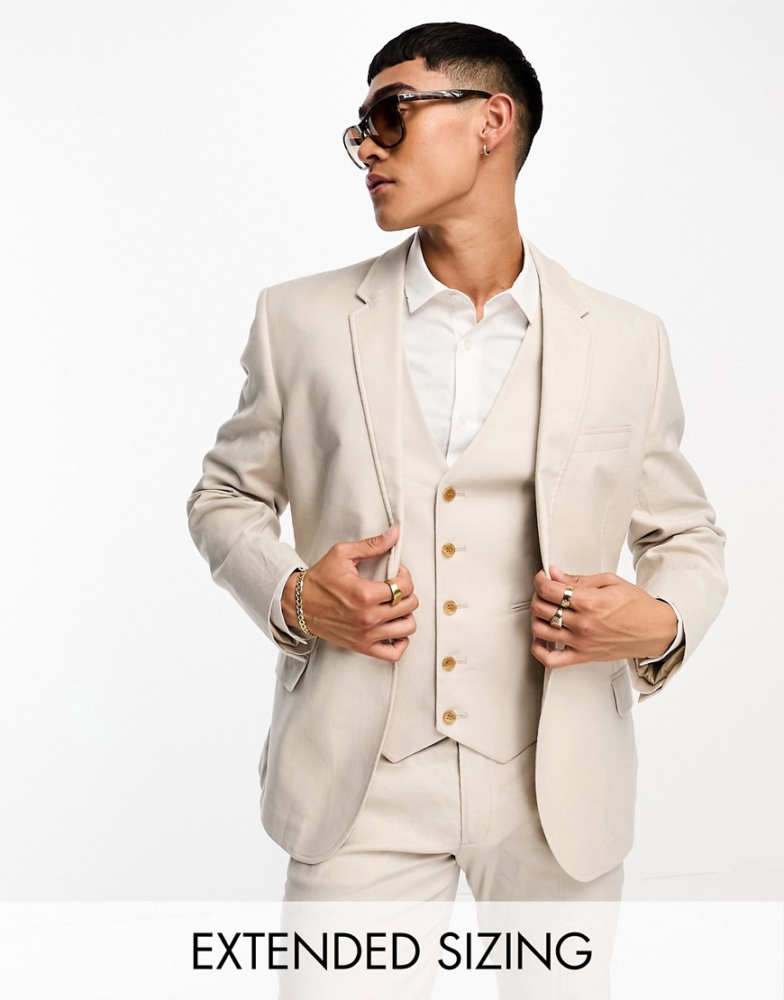ASOS DESIGN slim linen mix suit jacket in stone-Neutral