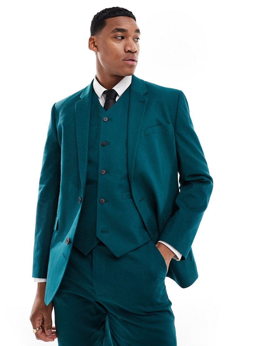 slim linen mix suit jacket in teal green