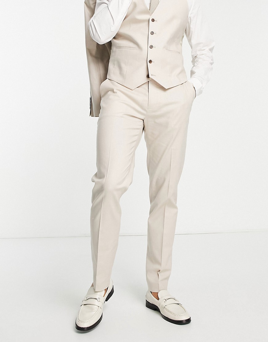 ASOS DESIGN slim linen mix suit pants in stone-Neutral