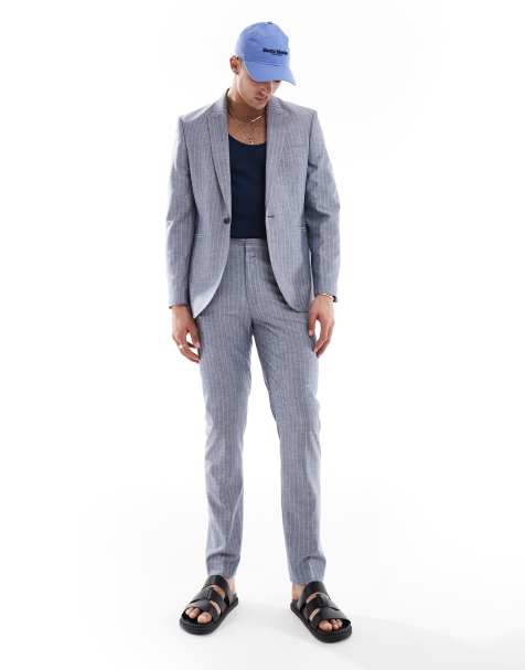 ASOS DESIGN slim linen mix suit trouser in navy pinstripe - view 1