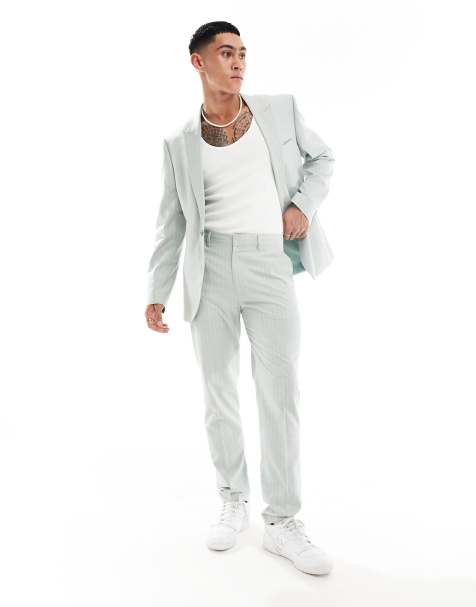 ASOS DESIGN slim linen mix suit trouser in sage green pinstripe - view 1