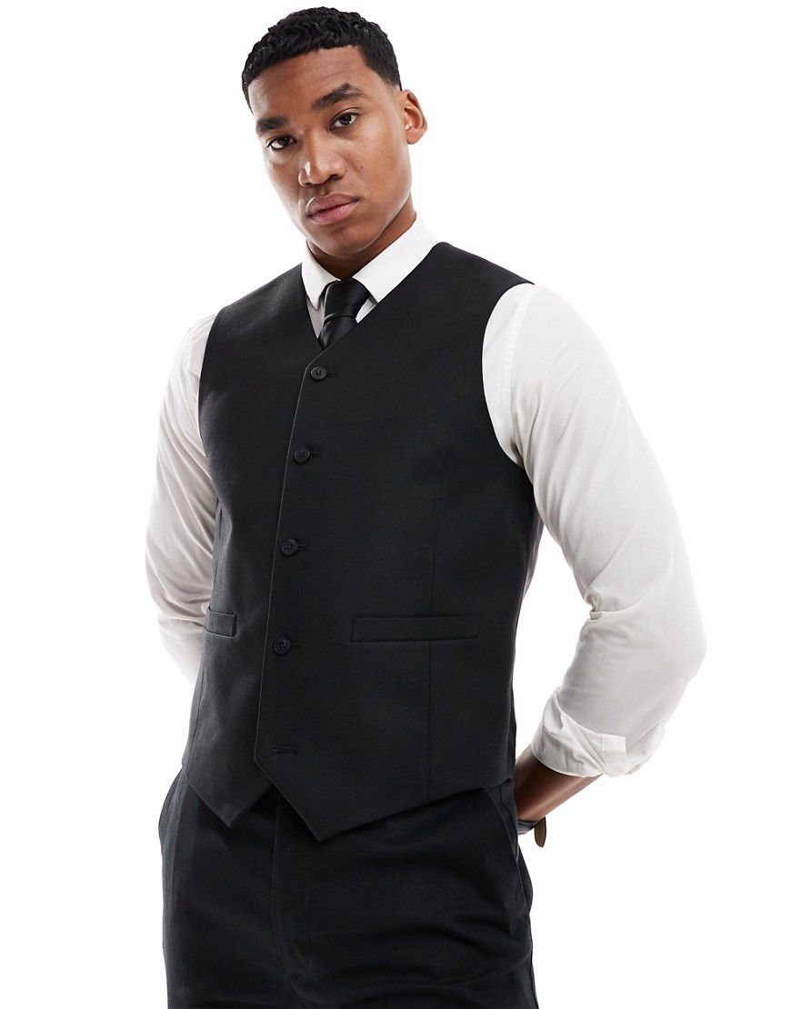 Asos Design Slim Linen Mix Suit Vest In Black