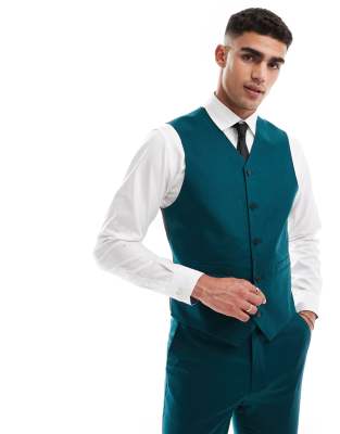 Asos Design Skinny Linen Mix Suit Vest In Teal Gren-green