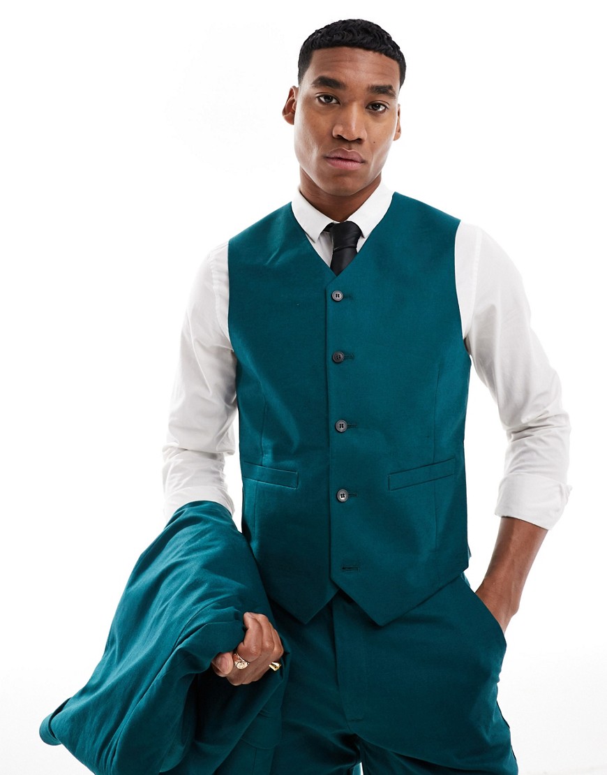 Asos Design Slim Linen Mix Suit Vest In Teal Green