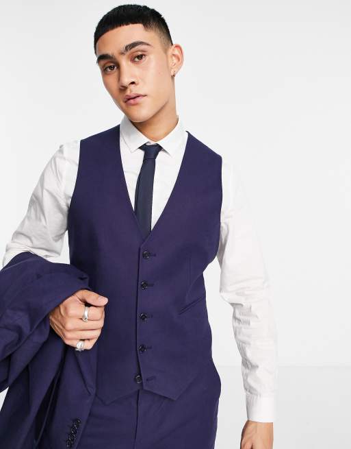 Asos Design Slim Linen Mix Suit Waistcoat In Navy Asos