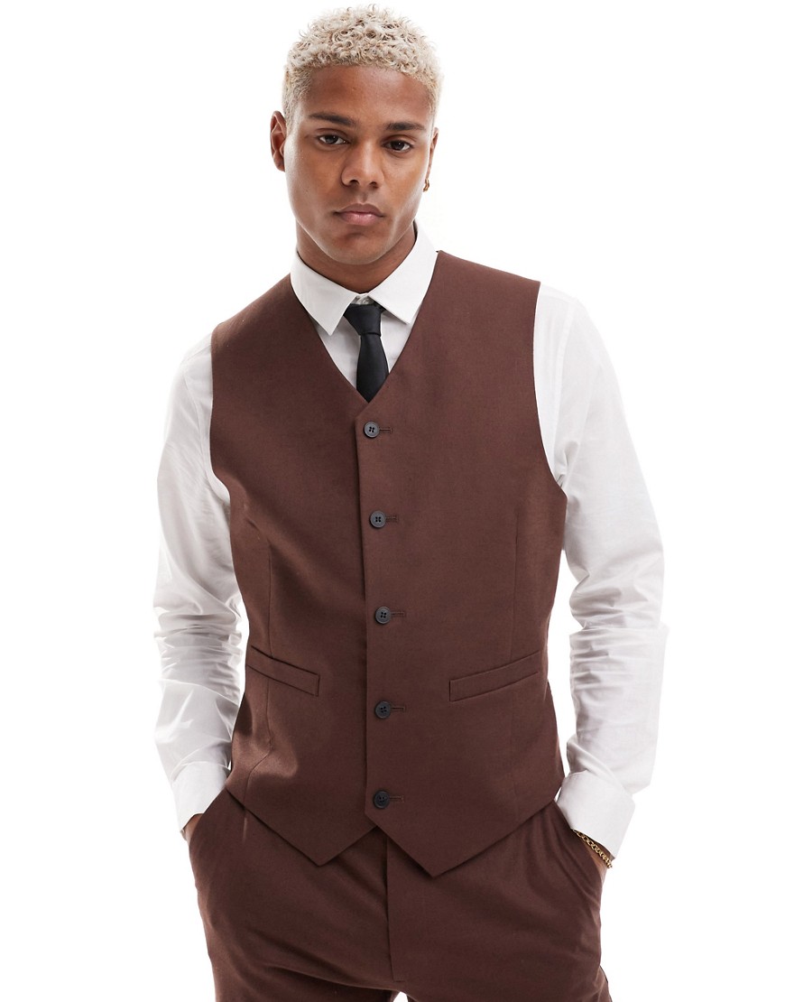 Asos Design Slim Linen Mix Vest In Brown