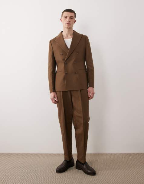 ASOS DESIGN slim linen rich double breasted suit in dark brown - view 1