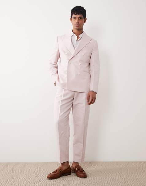 ASOS DESIGN slim linen rich double breasted suit in pink - view 1