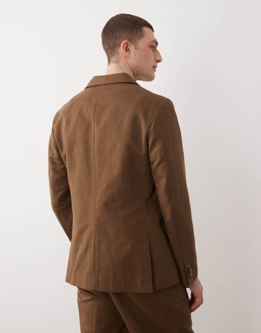 ASOS DESIGN slim linen rich double breasted suit jacket in dark brown, 3 of 5
