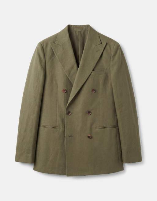 ASOS DESIGN slim linen rich double breasted suit jacket in dark olive, 6 of 9