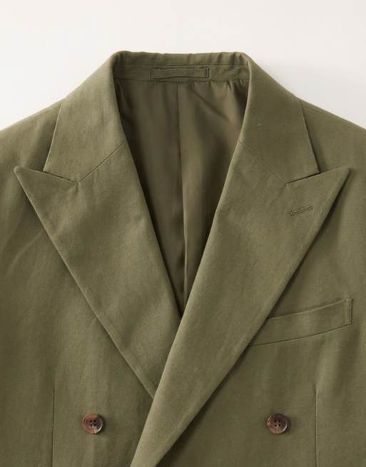 ASOS DESIGN slim linen rich double breasted suit jacket in dark olive, 8 of 9