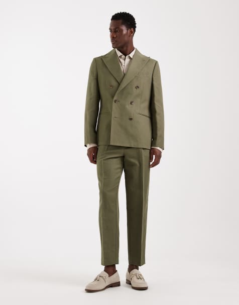 ASOS DESIGN slim linen rich double breasted suit set in dark olive - view 1