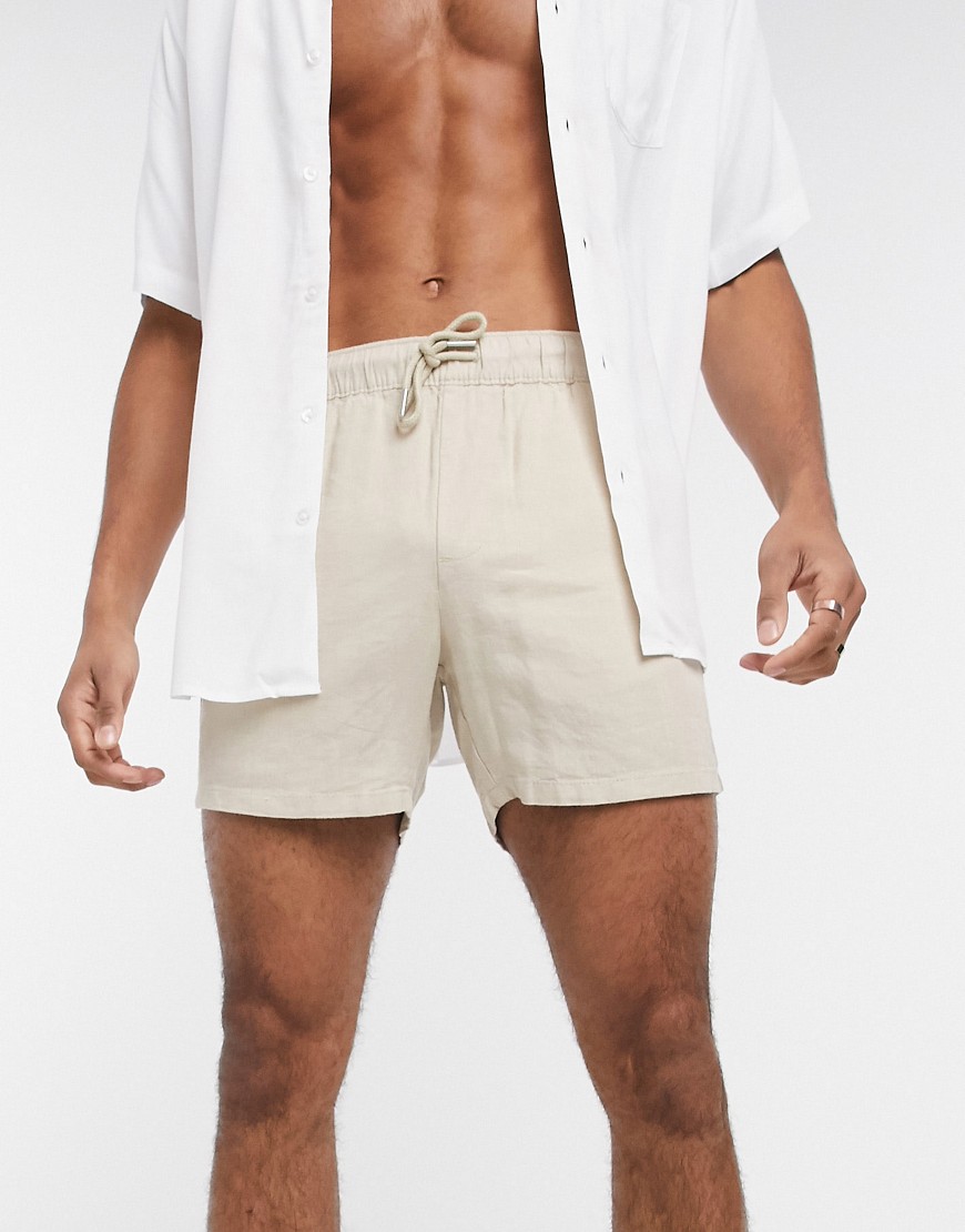 Asos Design Slim Linen Shorts In Beige-gray