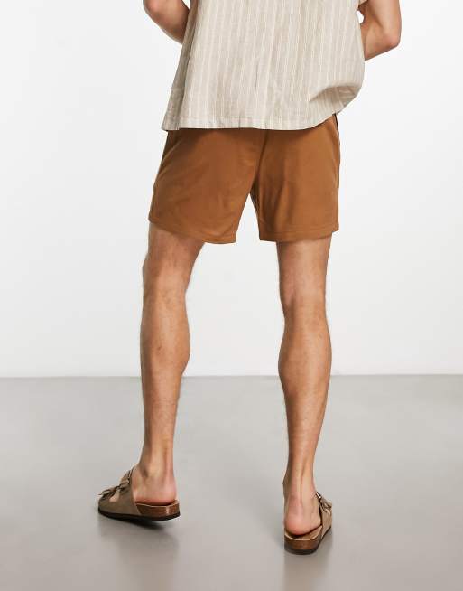 ASOS DESIGN slim linen shorts in shorter length in tan