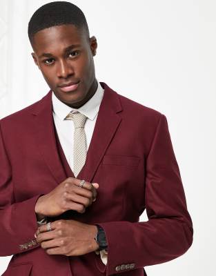 ASOS DESIGN SLIM LINEN MIX SUIT JACKET IN BURGUNDY-RED