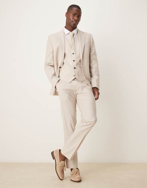 ASOS DESIGN slim linen suit waistcoat in stone, 2 of 5