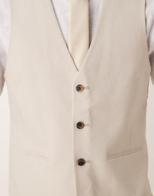 ASOS DESIGN slim linen suit waistcoat in stone, 3 of 5