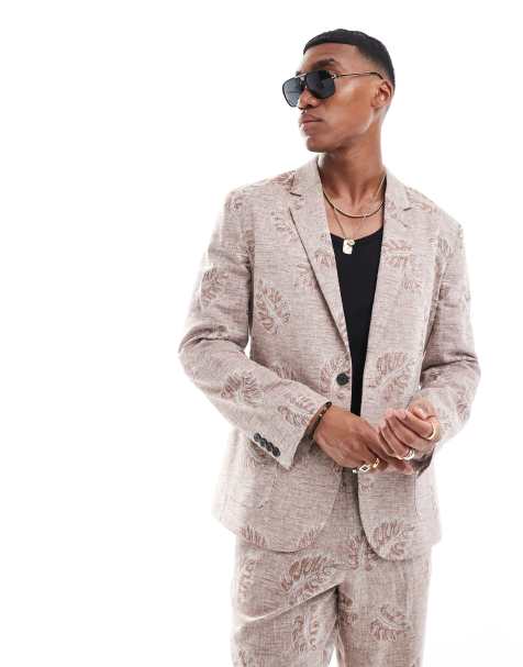 ASOS DESIGN slim linen summer weight suit jacket in beige jacquard - view 1