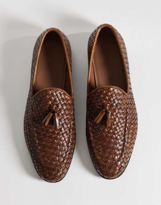 ASOS DESIGN slim loafers with tassel in brown leather weave, 2 of 4