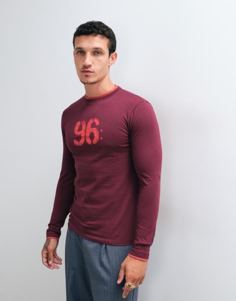 ASOS DESIGN slim long sleeve double layer t-shirt with number graphic in red - view 1