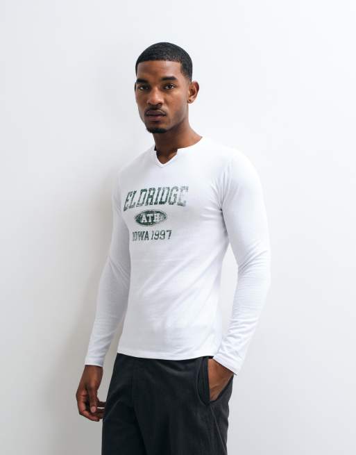 ASOS DESIGN slim long sleeve t-shirt with graphic and notch neck in white, 2 of 5
