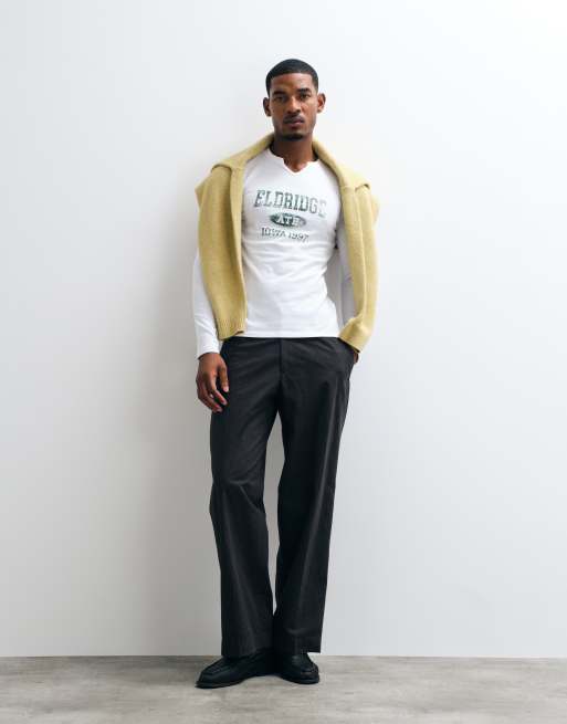 ASOS DESIGN slim long sleeve t-shirt with graphic and notch neck in white, 3 of 5