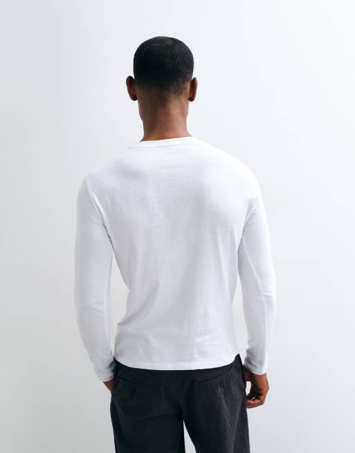 ASOS DESIGN slim long sleeve t-shirt with graphic and notch neck in white, 4 of 5