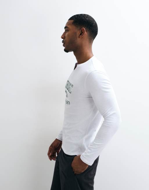 ASOS DESIGN slim long sleeve t-shirt with graphic and notch neck in white, 5 of 5