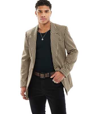 ASOS DESIGN slim longline blazer in brown puppytooth-Neutral