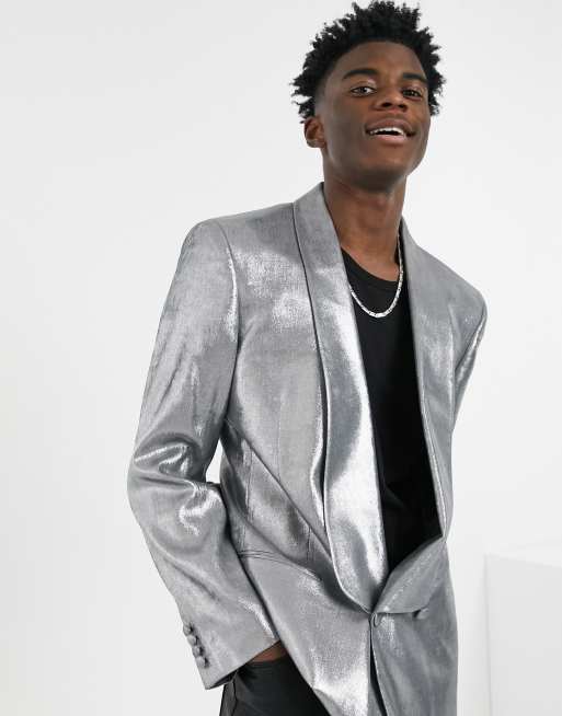 ASOS DESIGN slim longline blazer in metallic silver with wide lapel