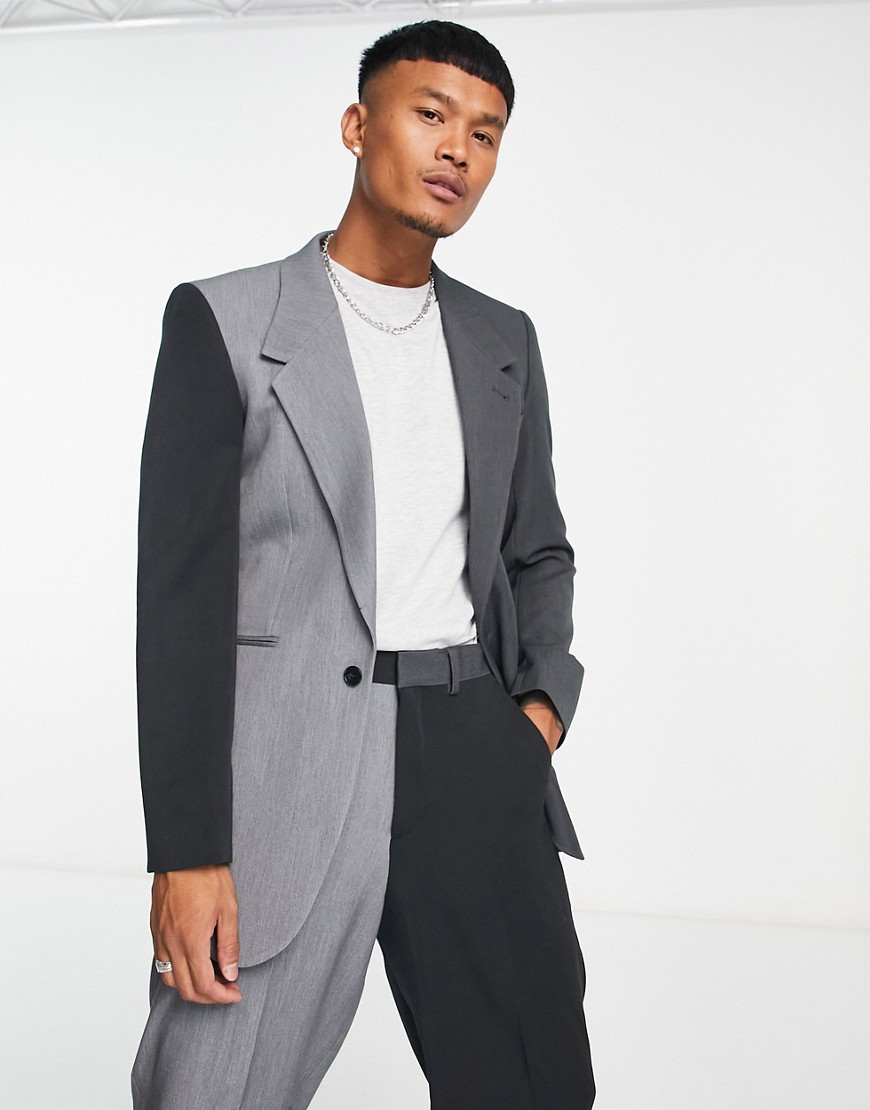 ASOS DESIGN slim longline color-block suit jacket in tonal gray