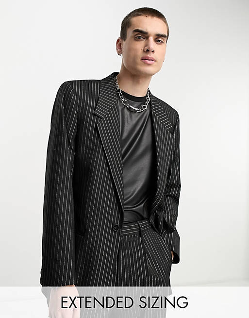 ASOS DESIGN slim longline suit jacket in black with gold pinstripe | ASOS