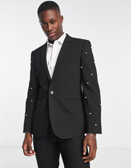 ASOS DESIGN slim longline suit jacket in black with pearl embellishment