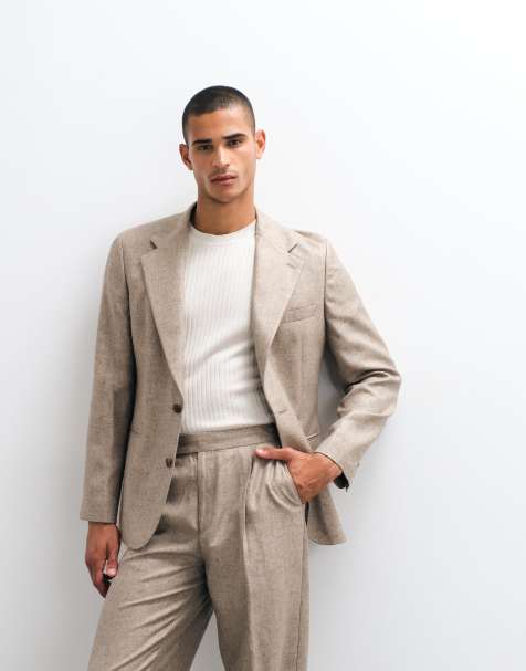 ASOS DESIGN slim melange suit jacket with linen in brown - view 1