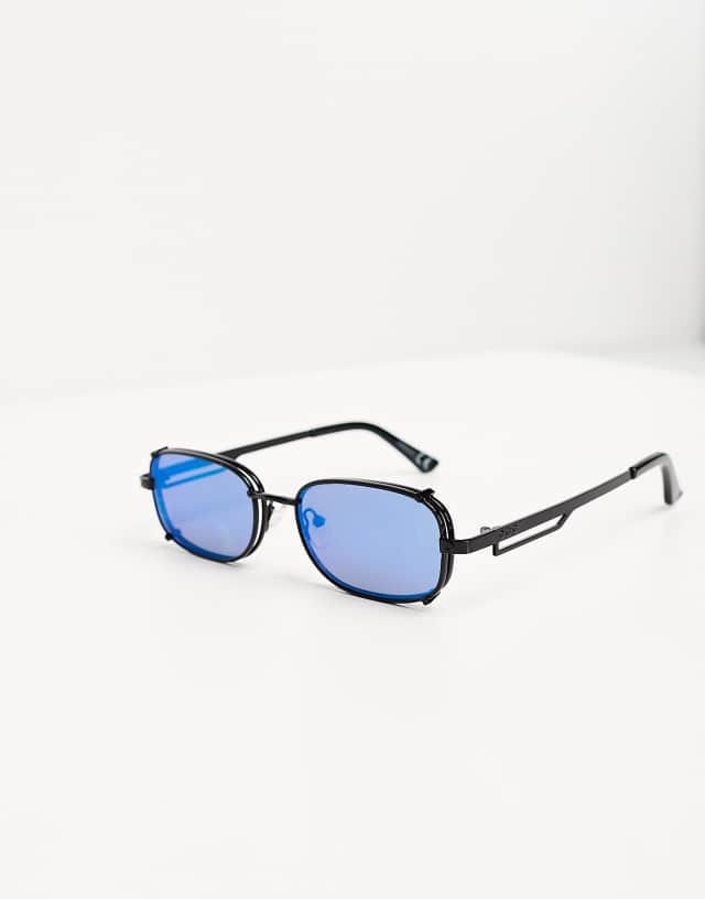 ASOS DESIGN slim metal sunglasses with double frame and blue mirror lens in black