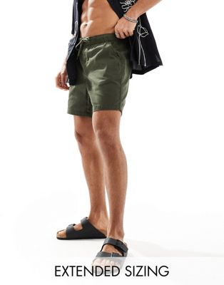 ASOS DESIGN slim mid length chino shorts in khaki with elasticated waist