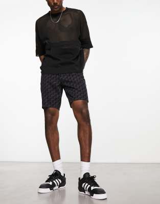 Asos Design Slim Mid Length Denim Shorts In Black Laser Print