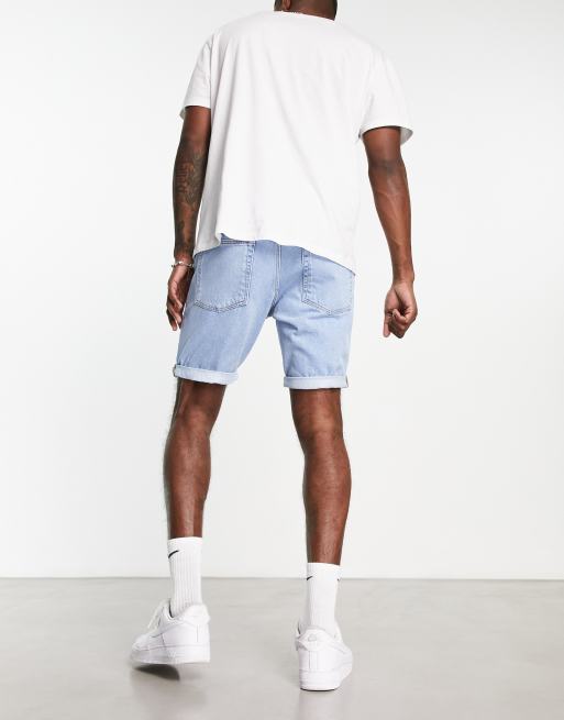 ASOS DESIGN slim mid length denim shorts with heavy rips in light wash blue, 2 of 4