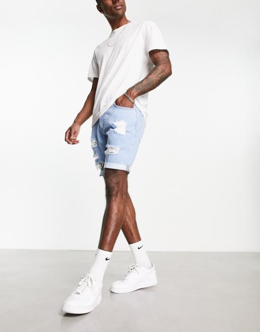 ASOS DESIGN slim mid length denim shorts with heavy rips in light wash blue, 4 of 4