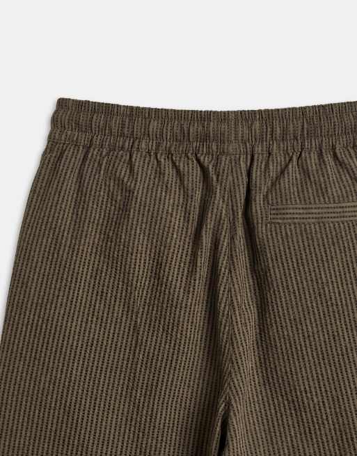 ASOS DESIGN slim mid length elasticated shorts in khaki stripe seersucker, 8 of 9