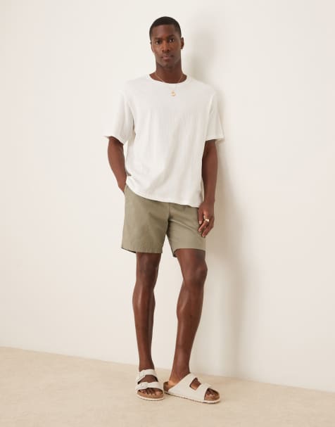 ASOS DESIGN slim mid length linen blend shorts in khaki - view 1