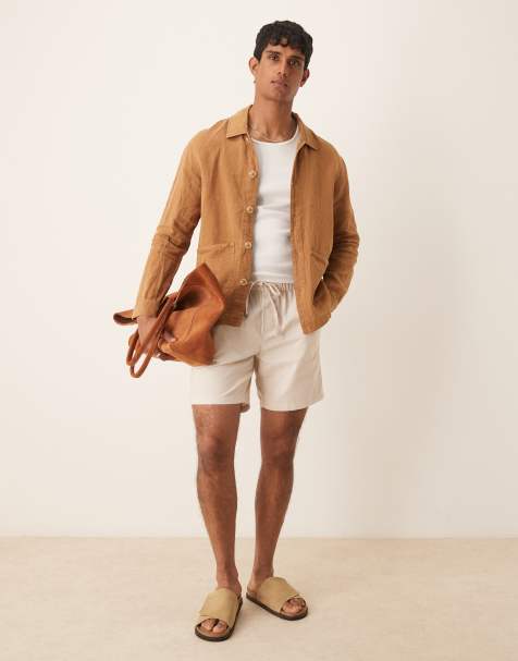 ASOS DESIGN slim mid length linen blend shorts in stone - view 1