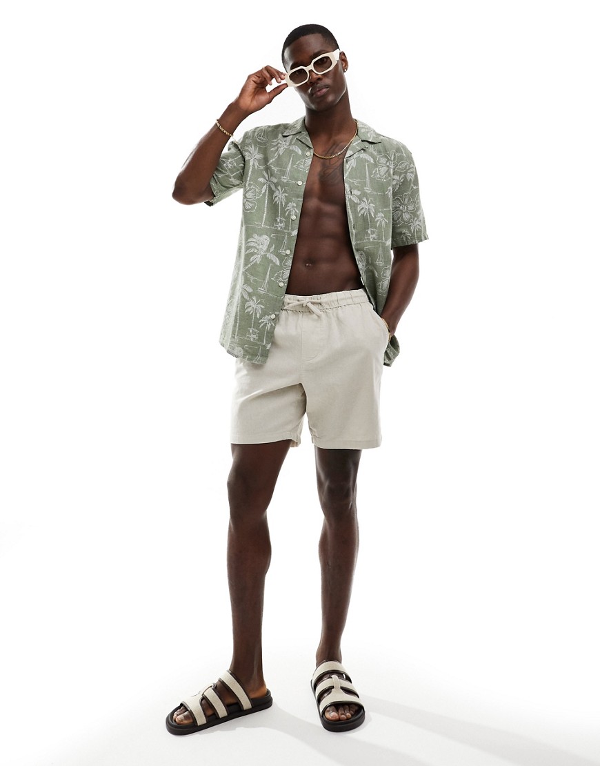 Asos Design Slim Mid Length Linen Shorts With Elastic Waist In Beige-green