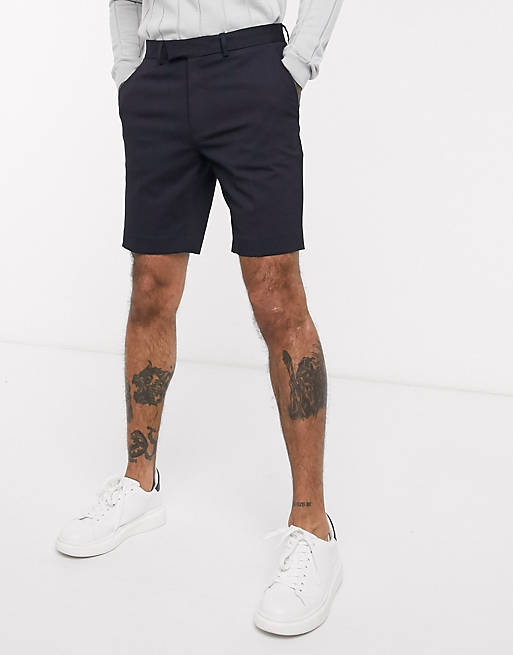 ASOS DESIGN slim mid length smart shorts in navy