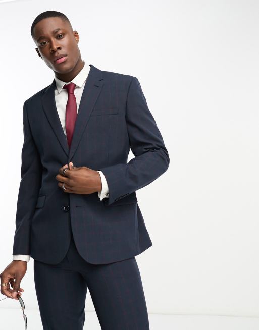 ASOS DESIGN slim mix and match suit jacket in navy and burgundy grid ...