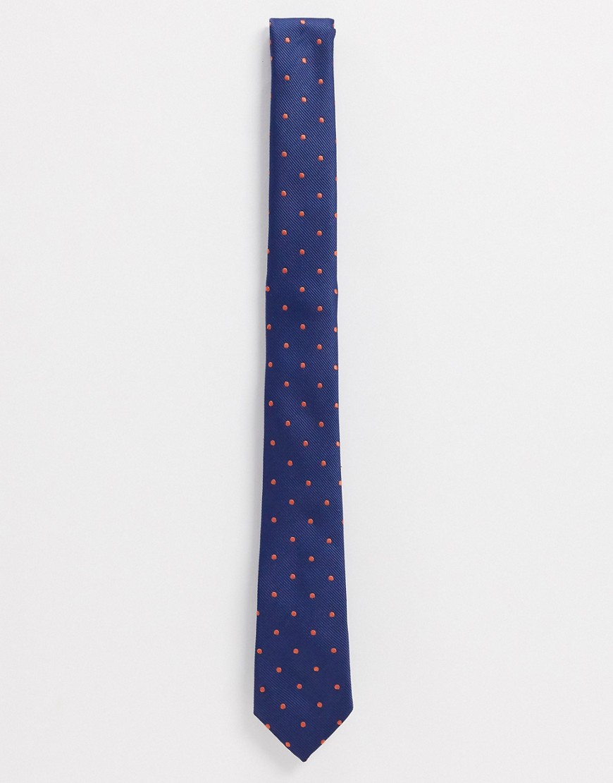 ASOS DESIGN slim navy tie with orange polka dots