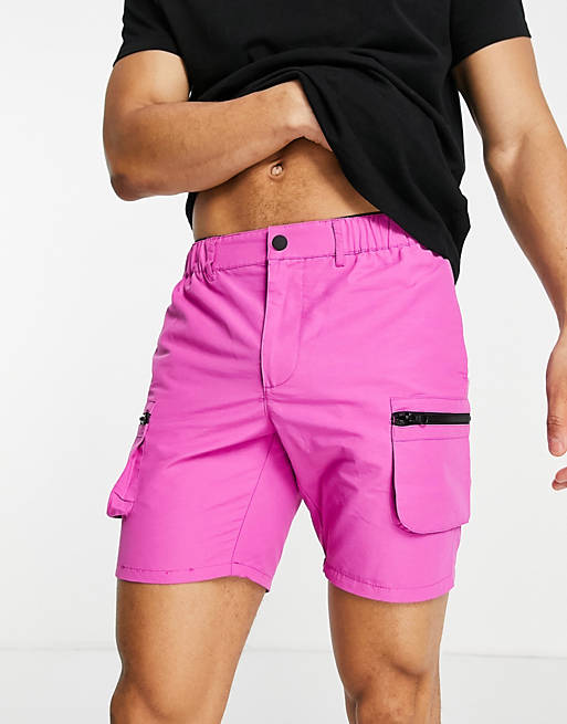 Lav aftensmad en milliard andrageren ASOS DESIGN slim nylon shorts with cargo pockets in hot pink | ASOS
