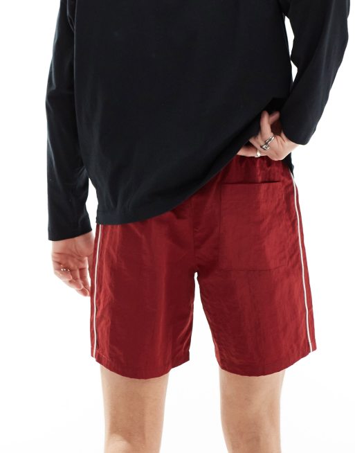 ASOS DESIGN slim nylon shorts with piping detail in burgundy, 2 of 5