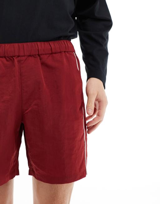 ASOS DESIGN slim nylon shorts with piping detail in burgundy, 3 of 5