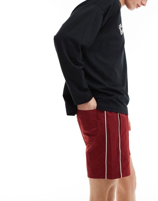 ASOS DESIGN slim nylon shorts with piping detail in burgundy, 5 of 5